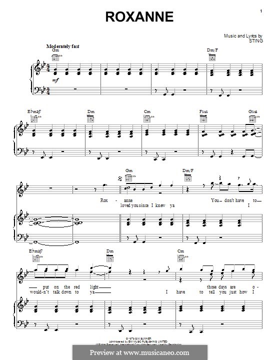 Roxanne (The Police): Für Stimme und Klavier (oder Gitarre) by Sting
