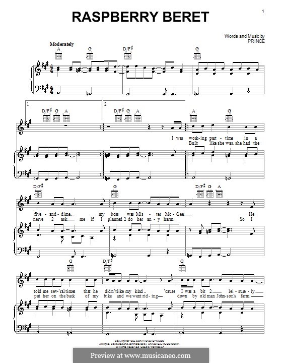 Raspberry Beret: Für Stimme und Klavier (oder Gitarre) by Prince