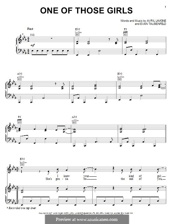 One of Those Girls (Avril Lavigne): Für Stimme und Klavier (oder Gitarre) by Evan Taubenfeld