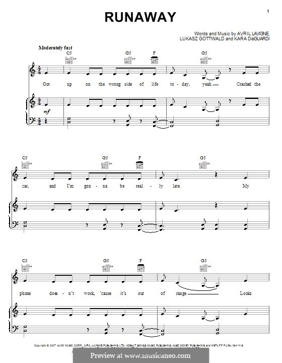 Runaway (Avril Lavigne): Für Stimme und Klavier (oder Gitarre) by Kara DioGuardi, Lukas Gottwald