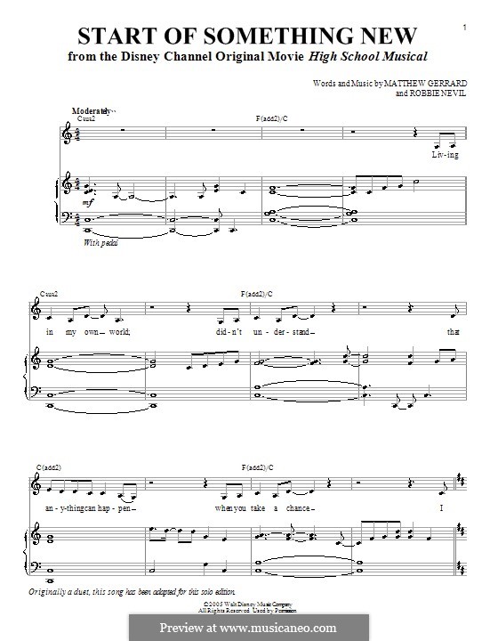 Start of Something New (from High School Musical): Für Stimme und Klavier (oder Gitarre) by Matthew Gerrard, Robbie Nevil