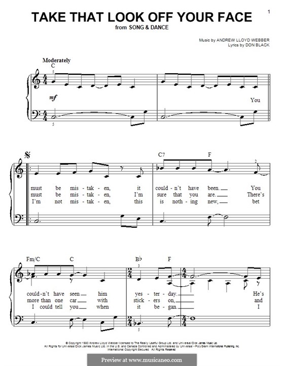 Take That Look Off Your Face: Einfache Noten für Klavier by Andrew Lloyd Webber
