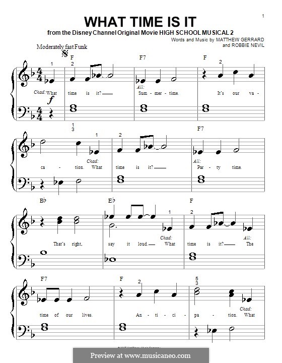What Time Is It (from High School Musical 2): Für Klavier (sehr leichte Fassung) by Matthew Gerrard, Robbie Nevil