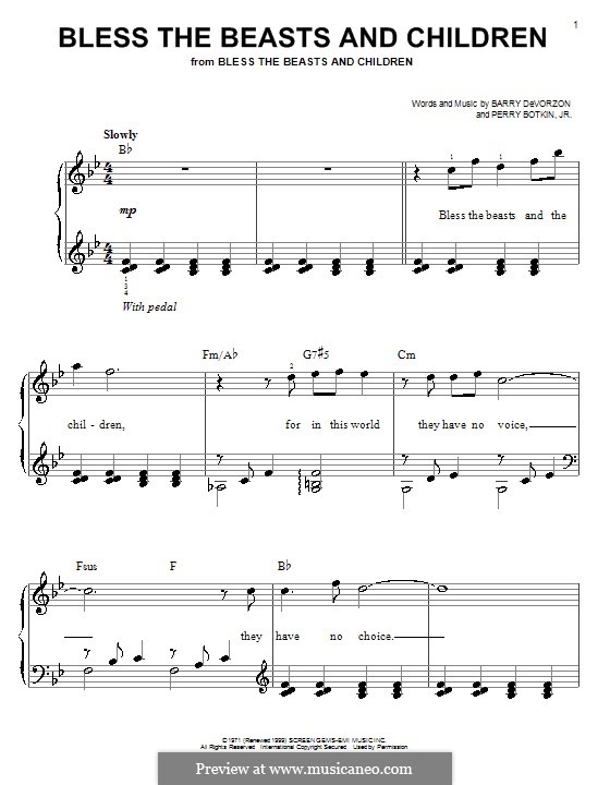 Bless the Beasts and Children (Carpenters): Für Klavier, leicht by Barry DeVorzon, Perry Botkin Jr.