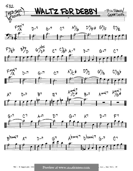 Waltz for Debby: Melody and chords – bass clef instruments by Bill Evans