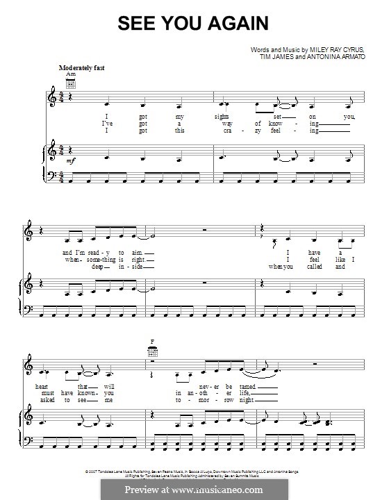 See You Again (Hannah Montana): Für Stimme und Klavier (oder Gitarre) by Antonina Armato, Destiny Hope Cyrus, Timothy James
