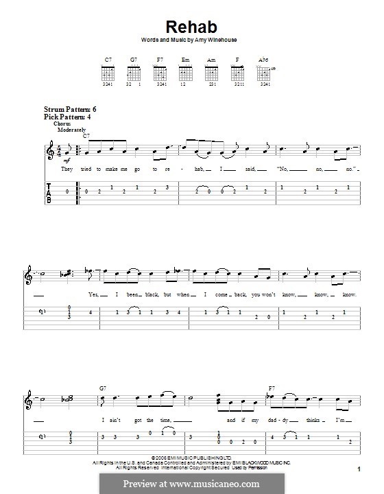 Rehab: Easy guitar tablature by Amy Winehouse