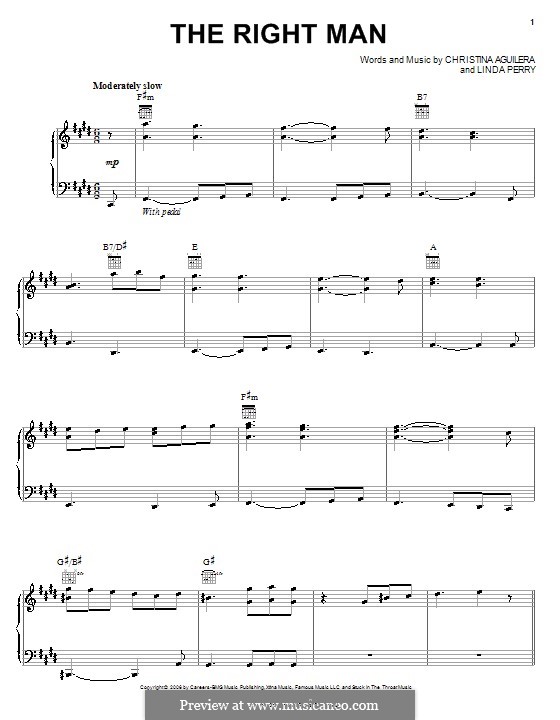 The Right Man (Christina Aguilera): Für Stimme und Klavier (oder Gitarre) by Linda Perry
