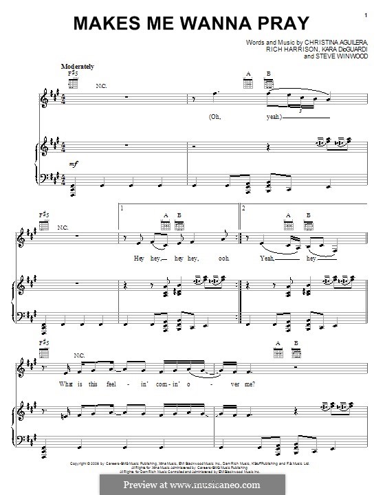 Makes Me Wanna Pray (Christina Aguilera): Für Stimme und Klavier (oder Gitarre) by Kara DioGuardi, Rich Harrison, Steve Winwood