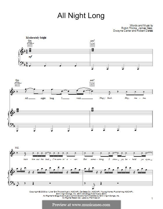 All Night Long: Für Stimme und Klavier (oder Gitarre) by Dwayne Carter, James Gass, Robert Daniels