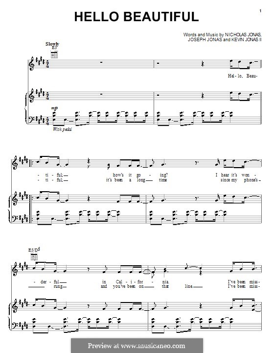 Hello Beautiful (Jonas Brothers): Für Stimme und Klavier (oder Gitarre) by Joseph Jonas, Kevin Jonas Sr., Nicholas Jonas