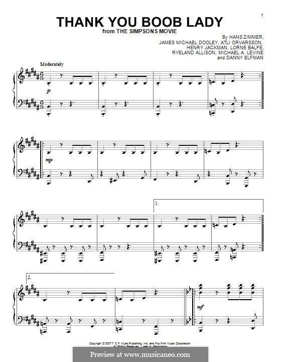 Thank You Boob Lady (from The Simpsons Movie): Für Klavier by Atli Orvarsson, Henry Jackman, James Michael Dooley, Lorne Balfe, Michael A. Levine, Ryeland Allison