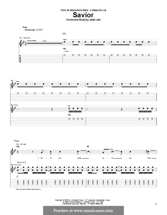 Savior (30 Seconds to Mars): Für Gitarre mit Tabulatur by Jared Leto