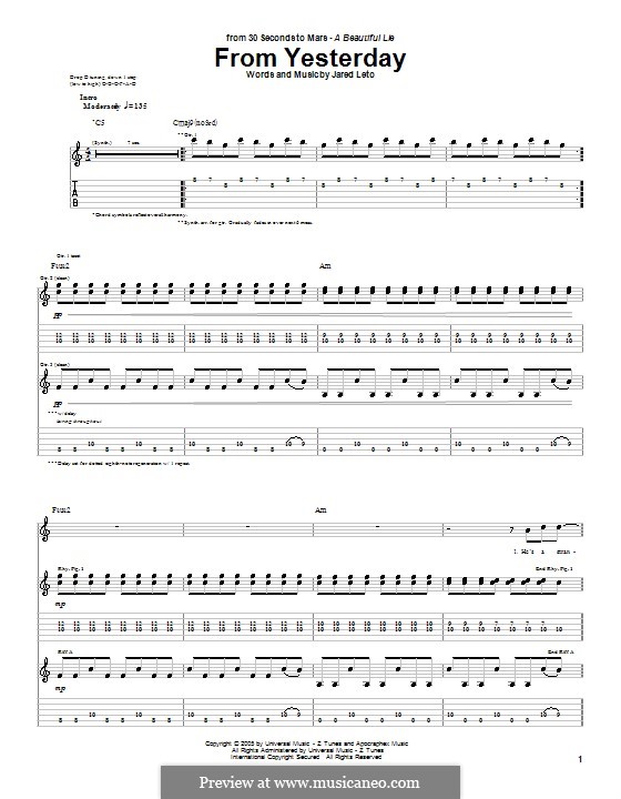 From Yesterday (30 Seconds to Mars): Für Gitarre mit Tabulatur by Jared Leto