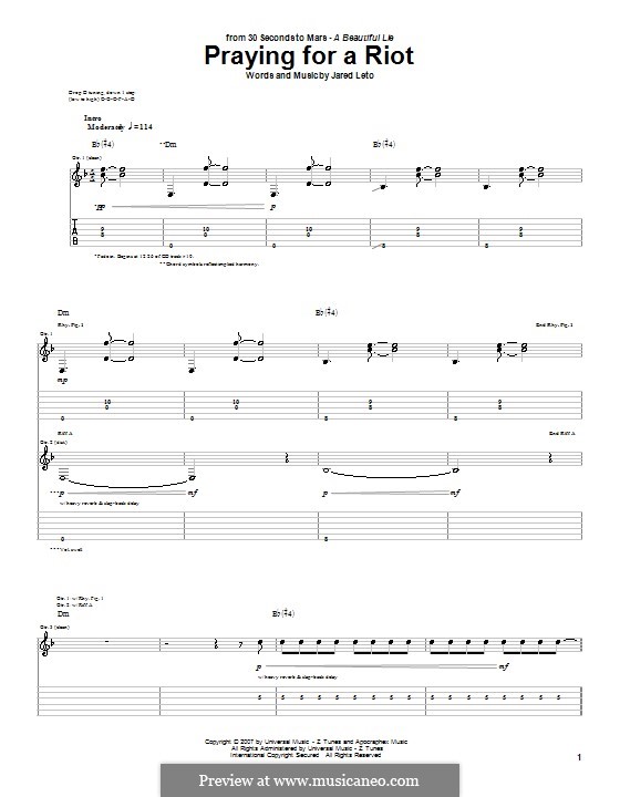 Praying for a Riot (30 Seconds to Mars): Für Gitarre mit Tabulatur by Jared Leto