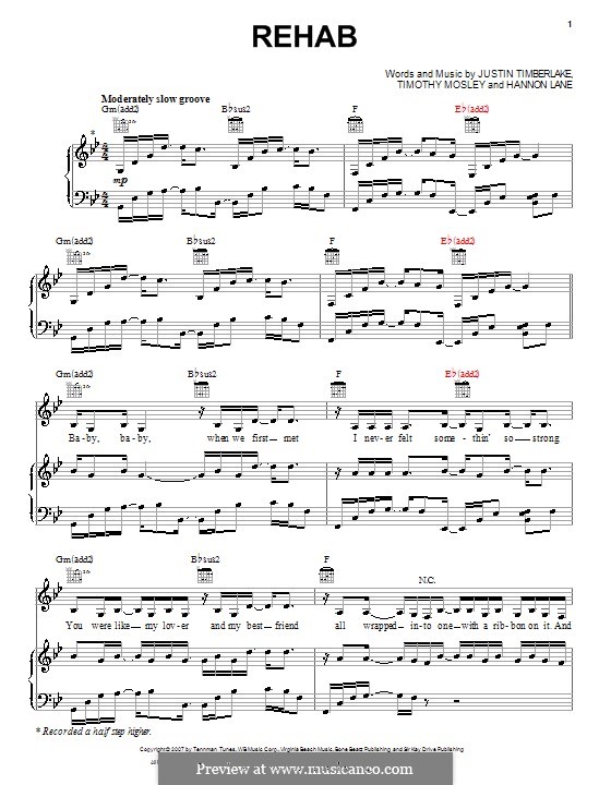 Rehab (Rihanna): Für Stimme und Klavier (oder Gitarre) by Hannon Lane, Justin Timberlake, Timbaland