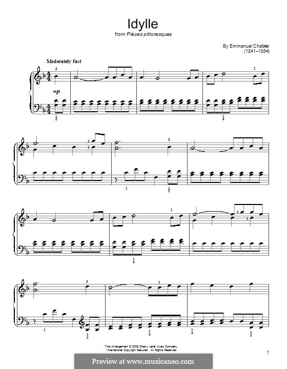 Pièces pittoresques: No.6 Idylle, for easy piano by Emmanuel Chabrier