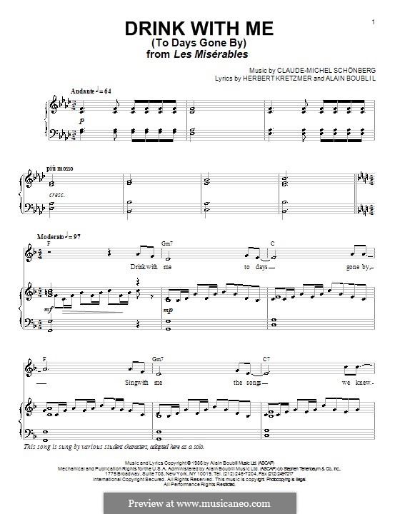 Drink With Me (To Days Gone By): Für Stimme und Klavier (oder Gitarre) by Claude-Michel Schönberg