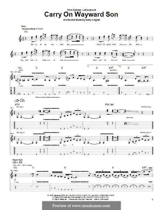 Carry on Wayward Son (Kansas): Für Gitarre mit Tabulatur by Kerry Livgren