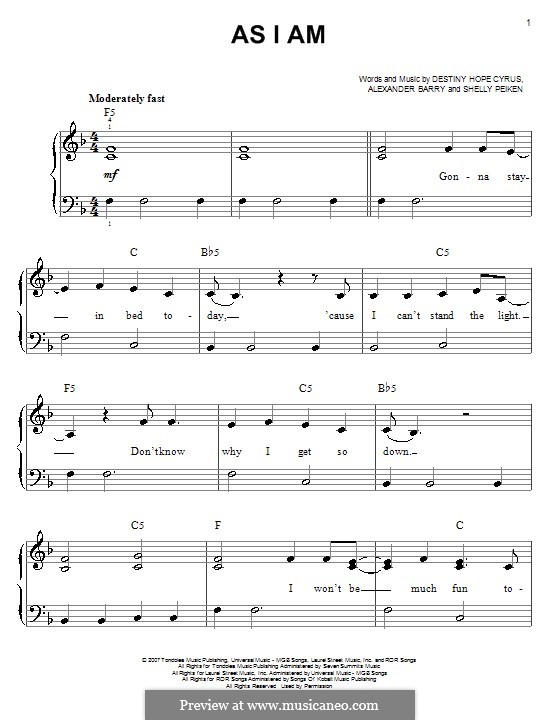 As I am (Hannah Montana): Für Klavier, leicht by Alexander Barry, Destiny Hope Cyrus, Shelly Peiken