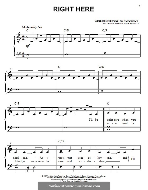 Right Here (Hannah Montana): Für Klavier, leicht by Antonina Armato, Destiny Hope Cyrus, Timothy James