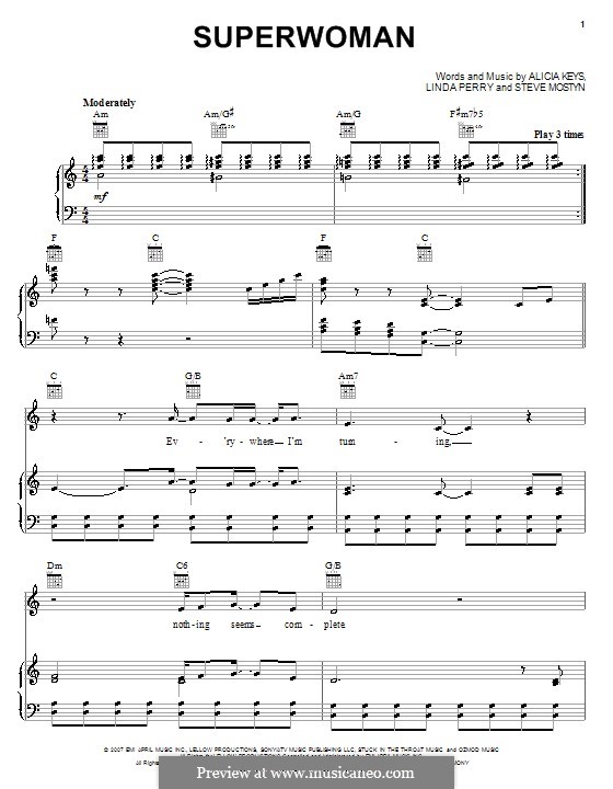 Superwoman (Alicia Keys): Für Stimme und Klavier (oder Gitarre) by Linda Perry, Steve Mostyn