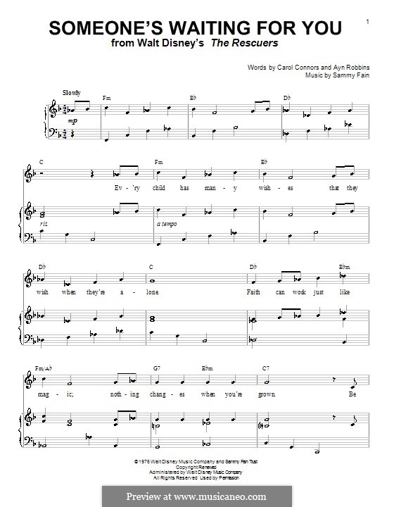 Someone's Waiting for You (from Disney's The Rescuers): Für Stimme und Klavier (oder Gitarre) by Sammy Fain