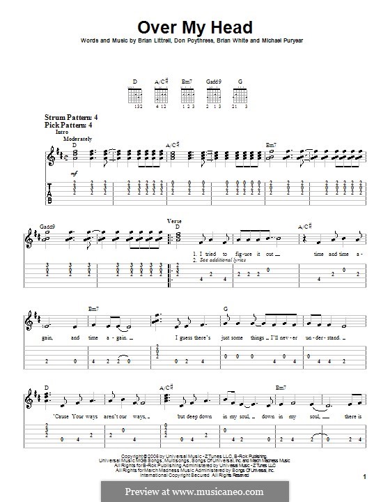 Over My Head (Brian Littrell): Für Gitarre (Sehr leichte Fassung) by Brian Gene White, Don Poythress, Michael Puryear