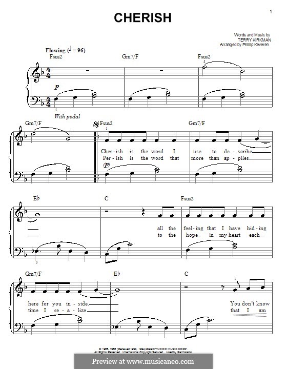 Cherish (The Association): Für Klavier, leicht by Terry Kirkman