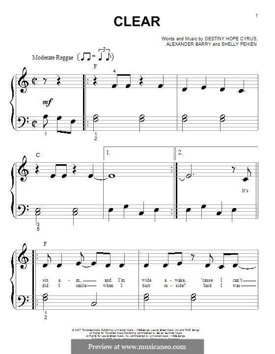 Clear (Hannah Montana): Für Klavier (sehr leichte Fassung) by Alexander Barry, Destiny Hope Cyrus, Shelly Peiken