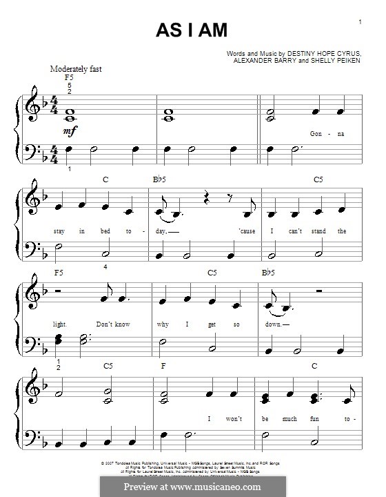 As I am (Hannah Montana): Für Klavier (sehr leichte Fassung) by Alexander Barry, Destiny Hope Cyrus, Shelly Peiken