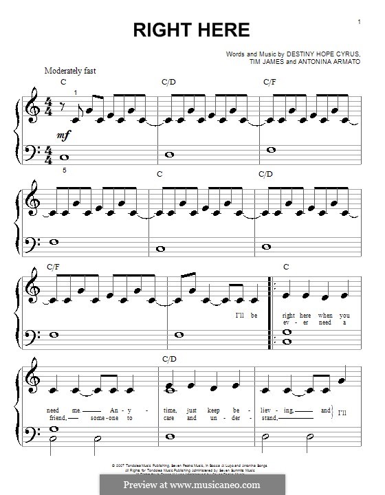 Right Here (Hannah Montana): Für Klavier (sehr leichte Fassung) by Antonina Armato, Destiny Hope Cyrus, Timothy James