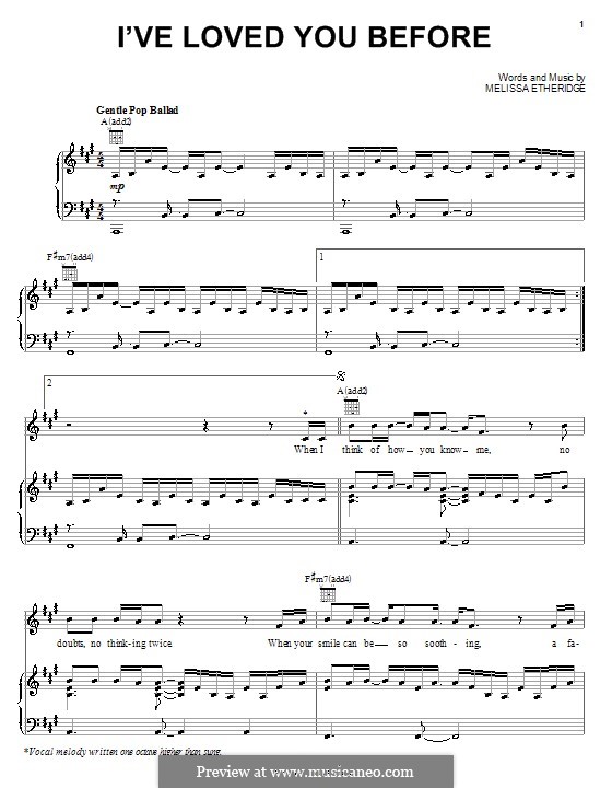I've Loved You Before: Für Stimme und Klavier (oder Gitarre) by Melissa Etheridge