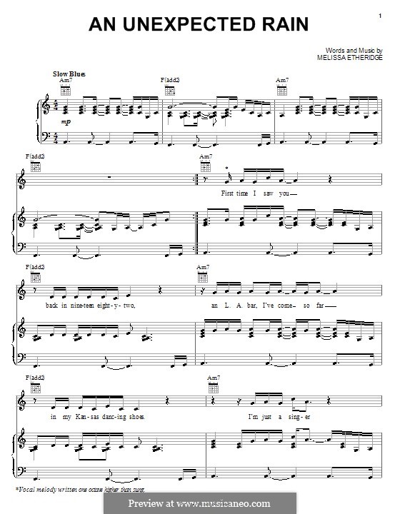 An Unexpected Rain: Für Stimme und Klavier (oder Gitarre) by Melissa Etheridge
