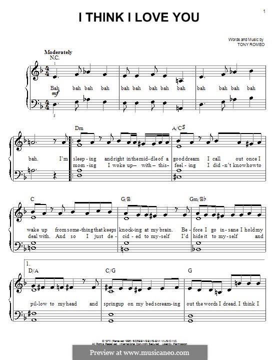 I Think I Love You (The Partridge Family): Einfache Noten für Klavier by Tony Romeo
