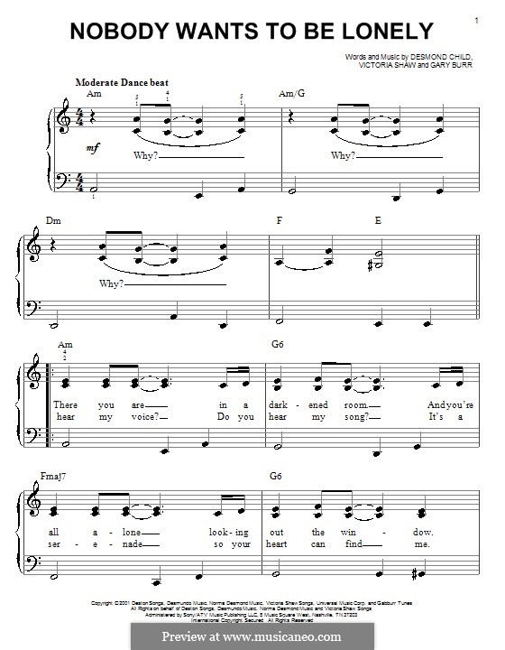 Nobody Wants To Be Lonely (Ricky Martin with Christina Aguilera): Für Klavier, leicht by Desmond Child, Gary Burr, Victoria Shaw