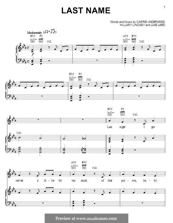 Last Name (Carrie Underwood): Für Stimme und Klavier (oder Gitarre) by Hillary Lindsey, Luke Laird