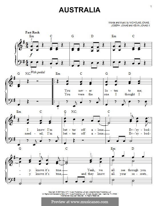 Australia (Jonas Brothers): Für Klavier, leicht by Joseph Jonas, Kevin Jonas Sr., Nicholas Jonas