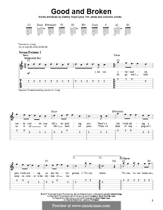 Good and Broken (Hannah Montana): Für Gitarre (Sehr leichte Fassung) by Antonina Armato, Destiny Hope Cyrus, Timothy James
