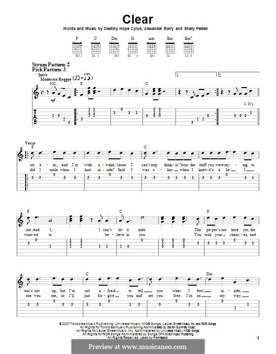 Clear (Hannah Montana): Für Gitarre (Sehr leichte Fassung) by Alexander Barry, Destiny Hope Cyrus, Shelly Peiken