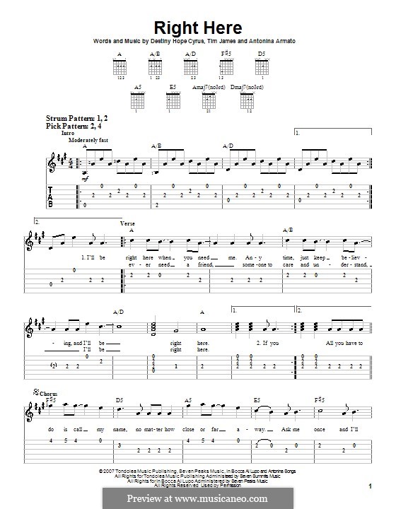 Right Here (Hannah Montana): Für Gitarre (Sehr leichte Fassung) by Antonina Armato, Destiny Hope Cyrus, Timothy James