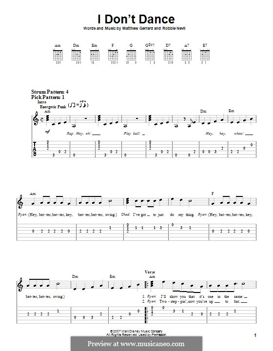 I Don't Dance (from High School Musical 2): Für Gitarre (Sehr leichte Fassung) by Matthew Gerrard, Robbie Nevil