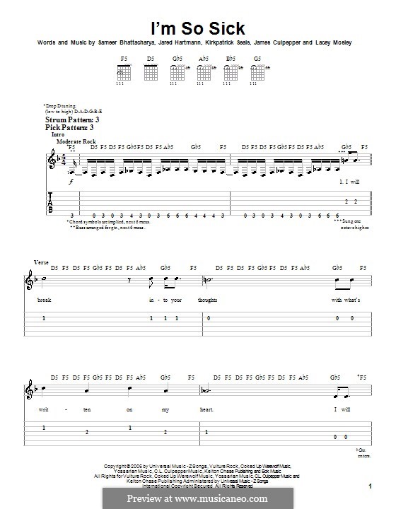 I'm So Sick (Flyleaf): Für Gitarre (Sehr leichte Fassung) by James Culpepper, Jared Hartmann, Kirkpatrick Seals, Lacey Mosley, Sameer Bhattacharya