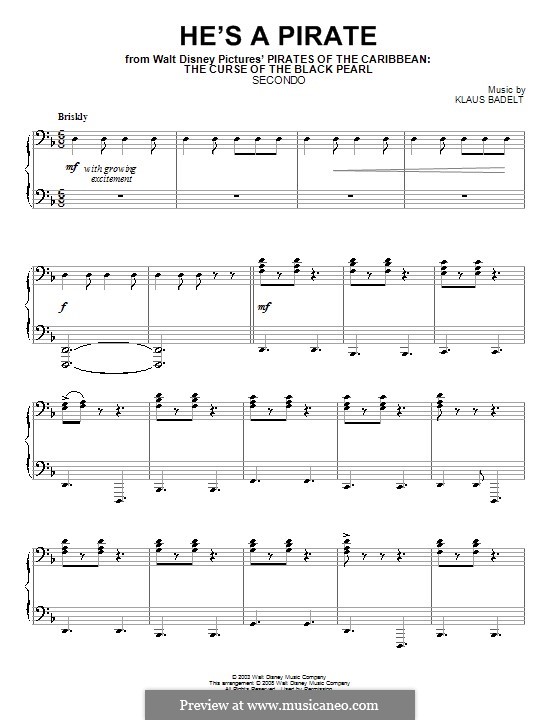 He's a Pirate (from Pirates of the Caribbean: The Curse of the Black Pearl): Für Klavier, vierhändig by Klaus Badelt