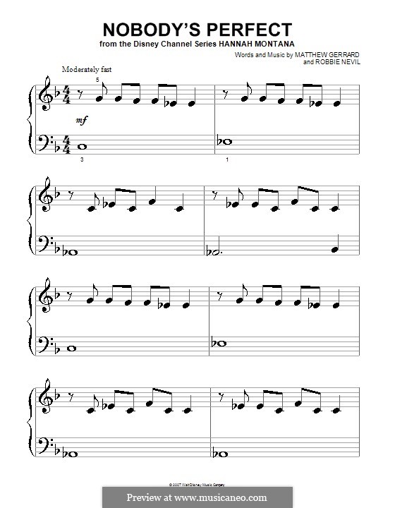 Nobody's Perfect (Hannah Montana): Für Klavier (sehr leichte Fassung) by Matthew Gerrard, Robbie Nevil