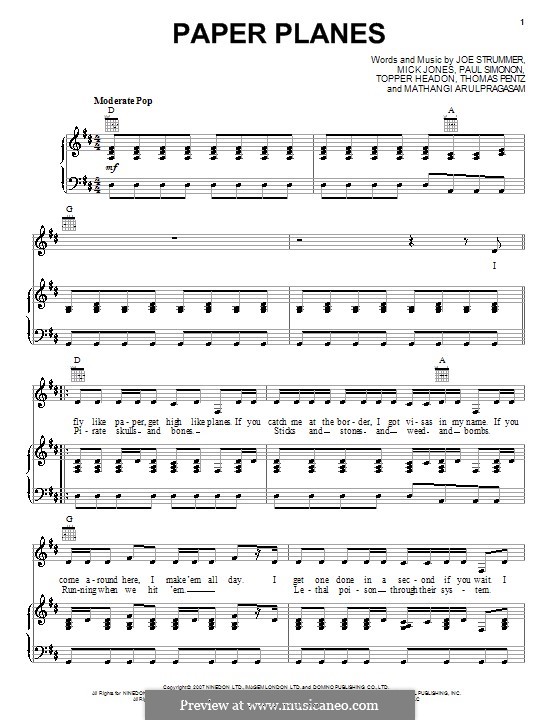 Paper Planes (M.I.A.): Für Stimme und Klavier (oder Gitarre) by Joe Strummer, Mathangi Arulpragasam, Mick Jones, Paul Simonon, Diplo, Topper Headon
