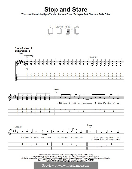 Stop and Stare (OneRepublic): Für Gitarre (Sehr leichte Fassung) by Andrew Brown, Eddie Fisher, Ryan B Tedder, Tim Myers, Zachary Filkins