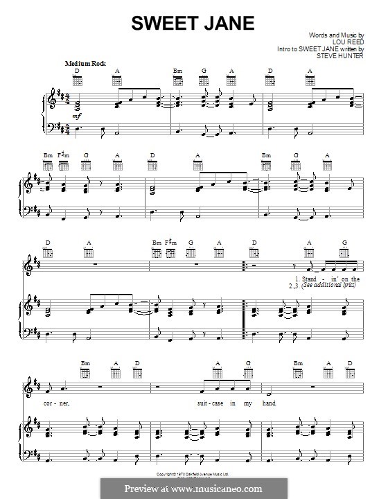 Sweet Jane: Für Stimme und Klavier (oder Gitarre) by Lou Reed