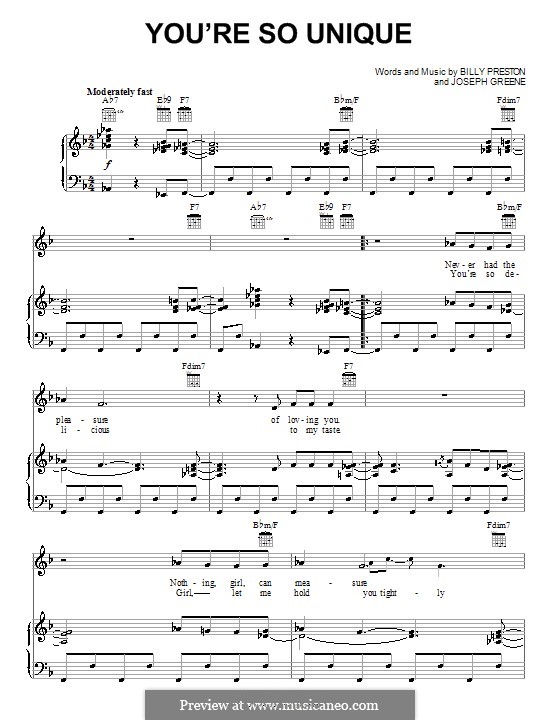 You're So Unique (Billy Preston): Für Stimme und Klavier (oder Gitarre) by Joseph Greene