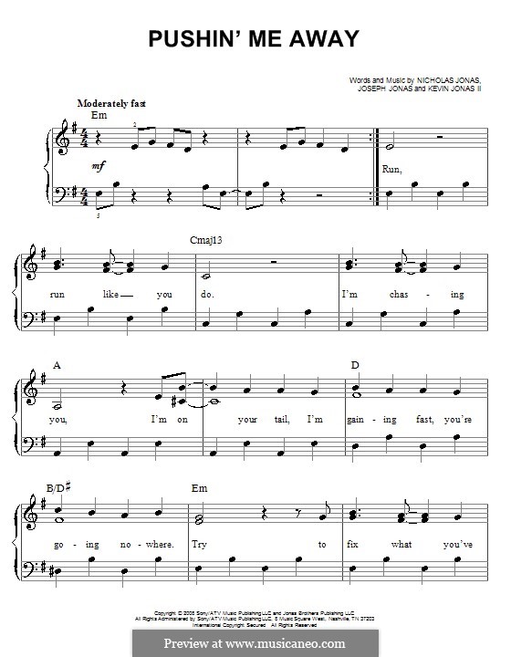 Pushin' Me Away (Jonas Brothers): Für Klavier, leicht by Joseph Jonas, Kevin Jonas Sr., Nicholas Jonas